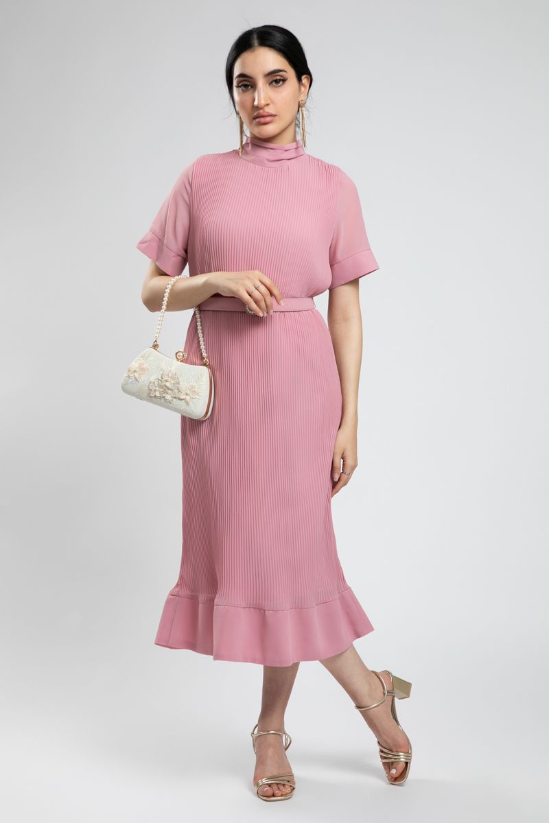 Plisse Longline Dress with Belt