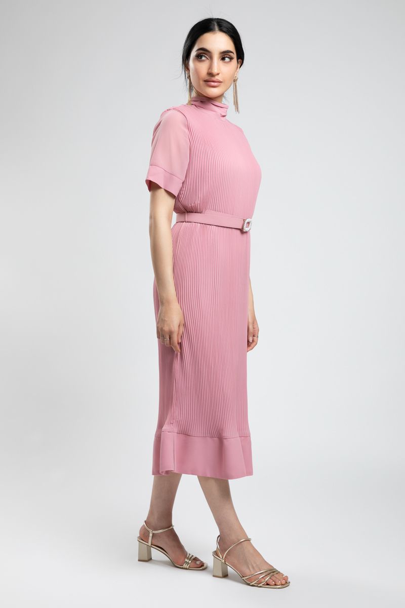 Plisse Longline Dress with Belt