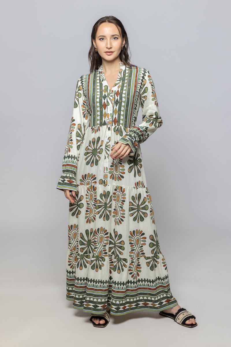 Women Long Sleeves Maxi Dress with Full Prints Pattern