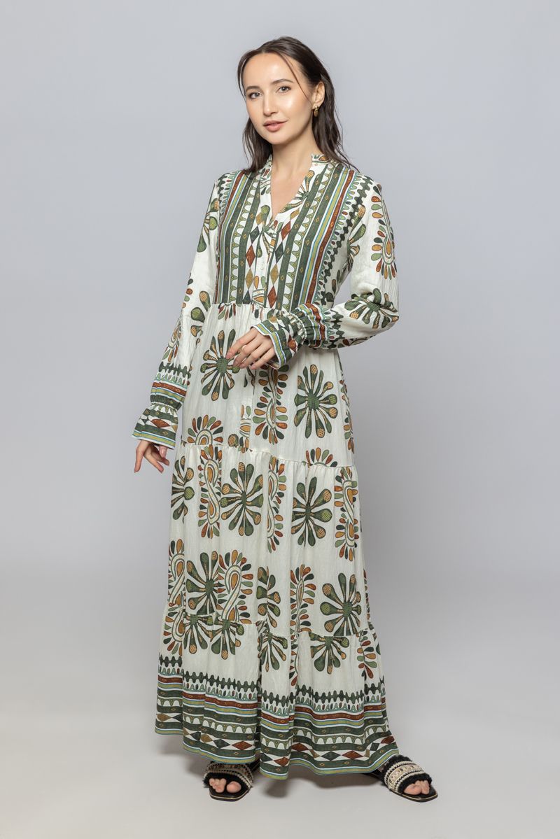 Women Long Sleeves Maxi Dress with Full Prints Pattern