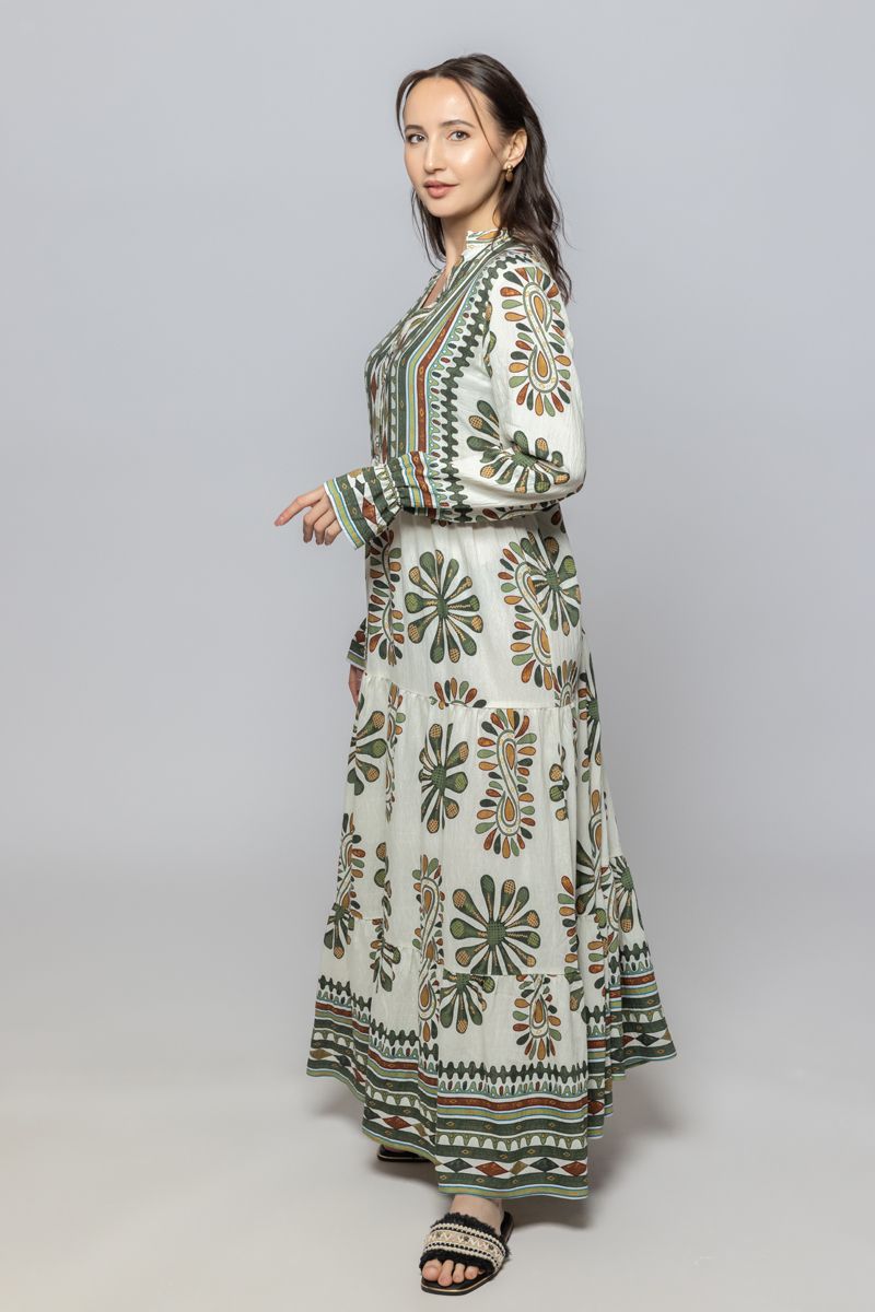 Women Long Sleeves Maxi Dress with Full Prints Pattern