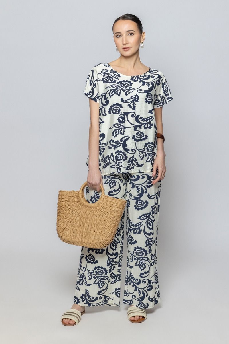 Women Flowy Wide Leg Summer Pants with Full Prints Pattern