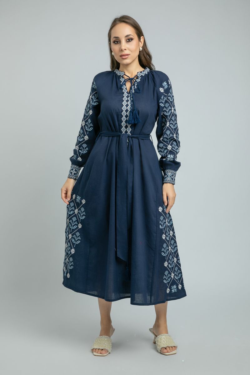 women Longline Dress with Embroidery and Tie Waist Belt