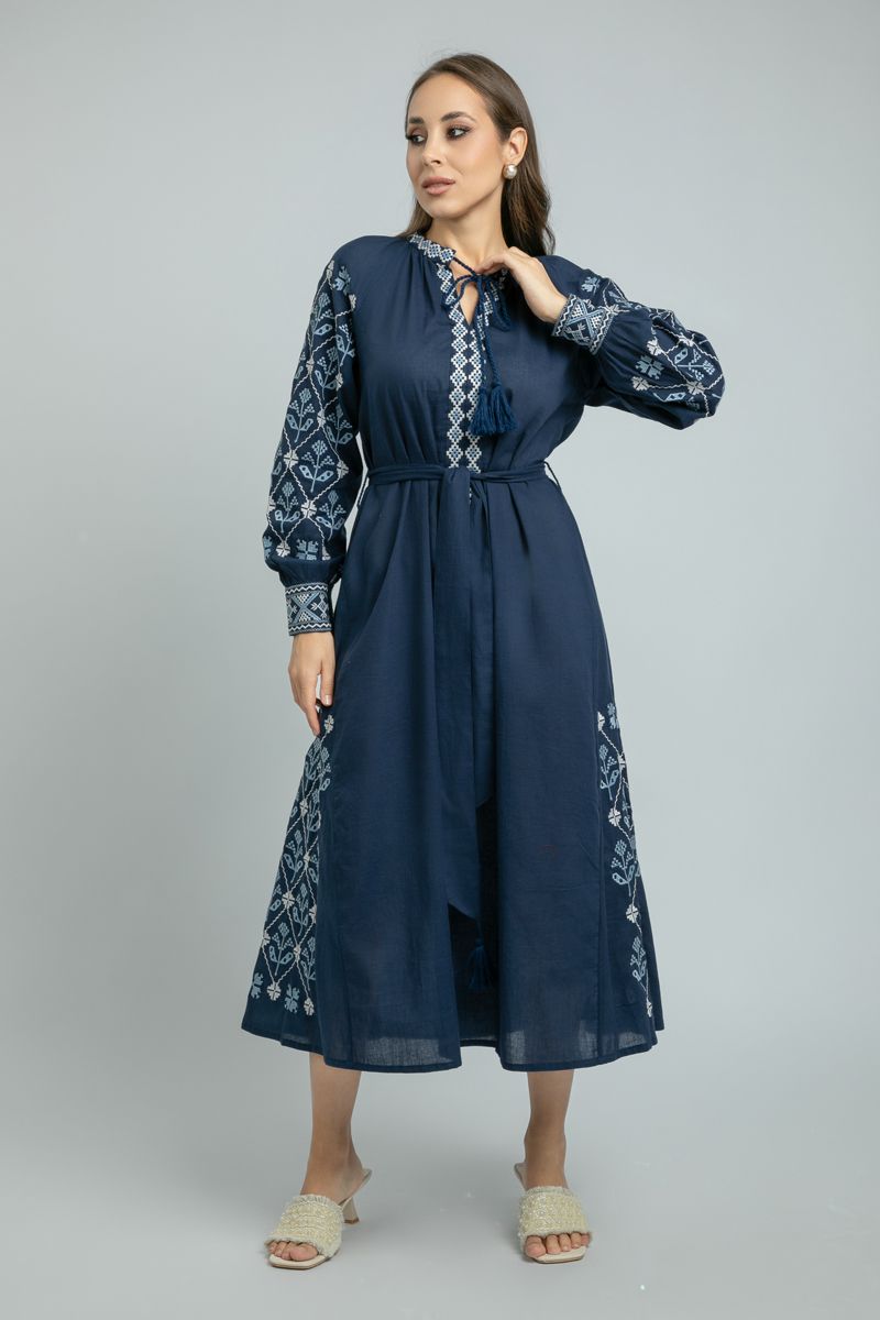 women Longline Dress with Embroidery and Tie Waist Belt
