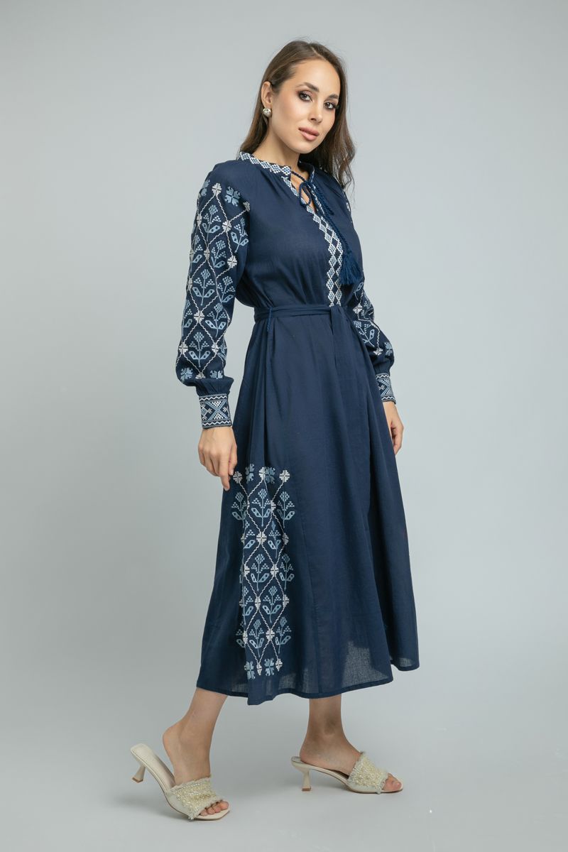 women Longline Dress with Embroidery and Tie Waist Belt