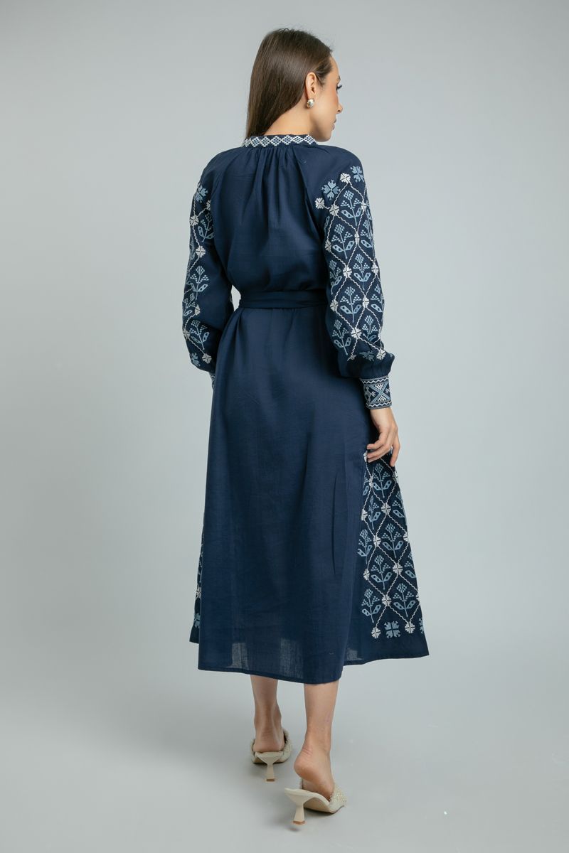 women Longline Dress with Embroidery and Tie Waist Belt