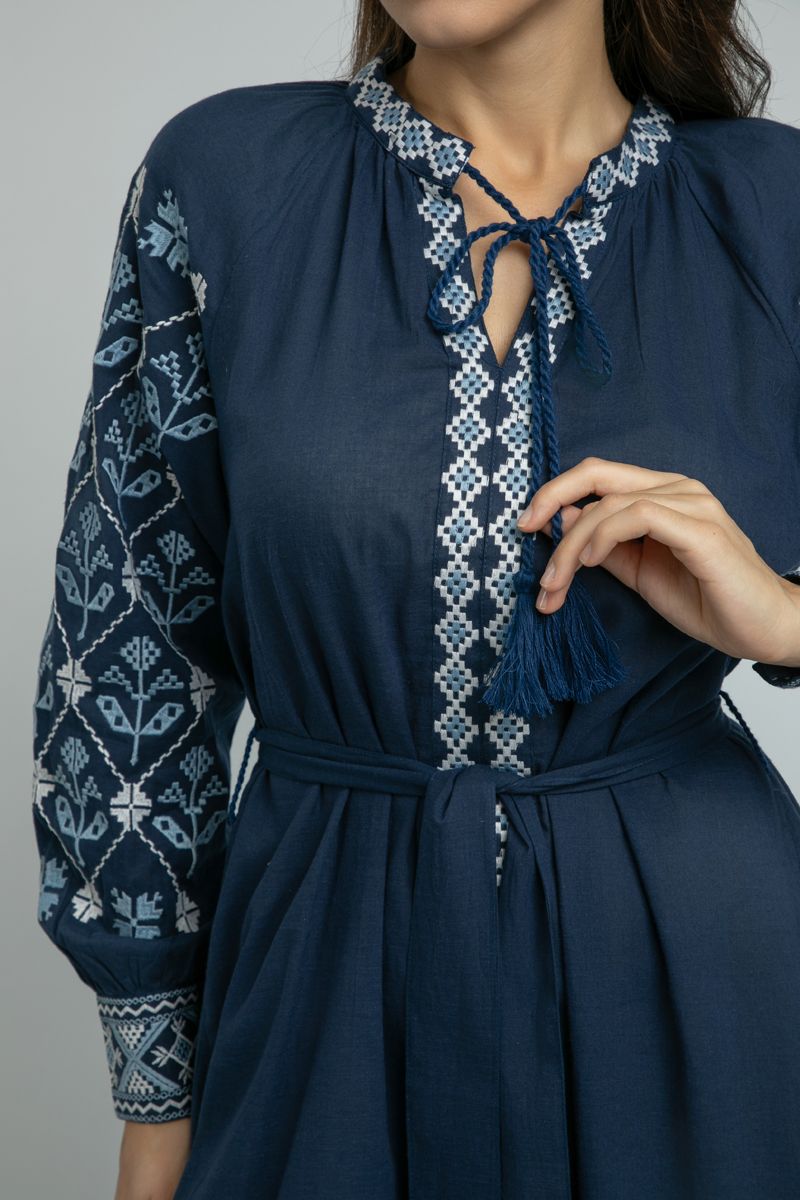 women Longline Dress with Embroidery and Tie Waist Belt