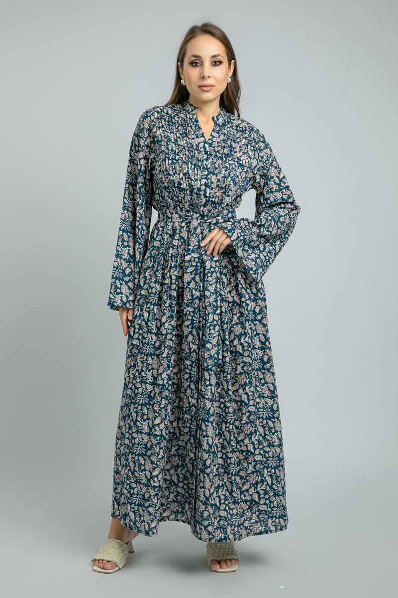women Maxi Shirt Dress with Floral Print and Pleat Details