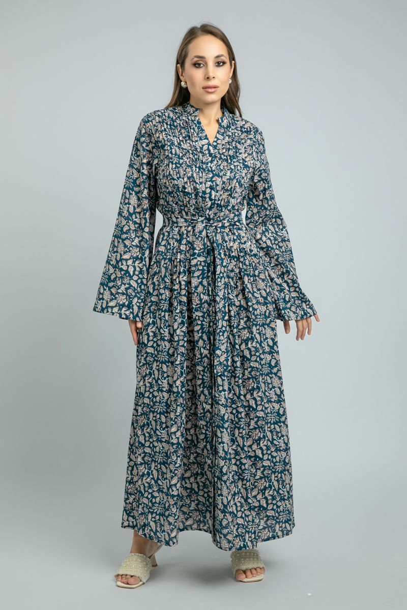 women Maxi Shirt Dress with Floral Print and Pleat Details