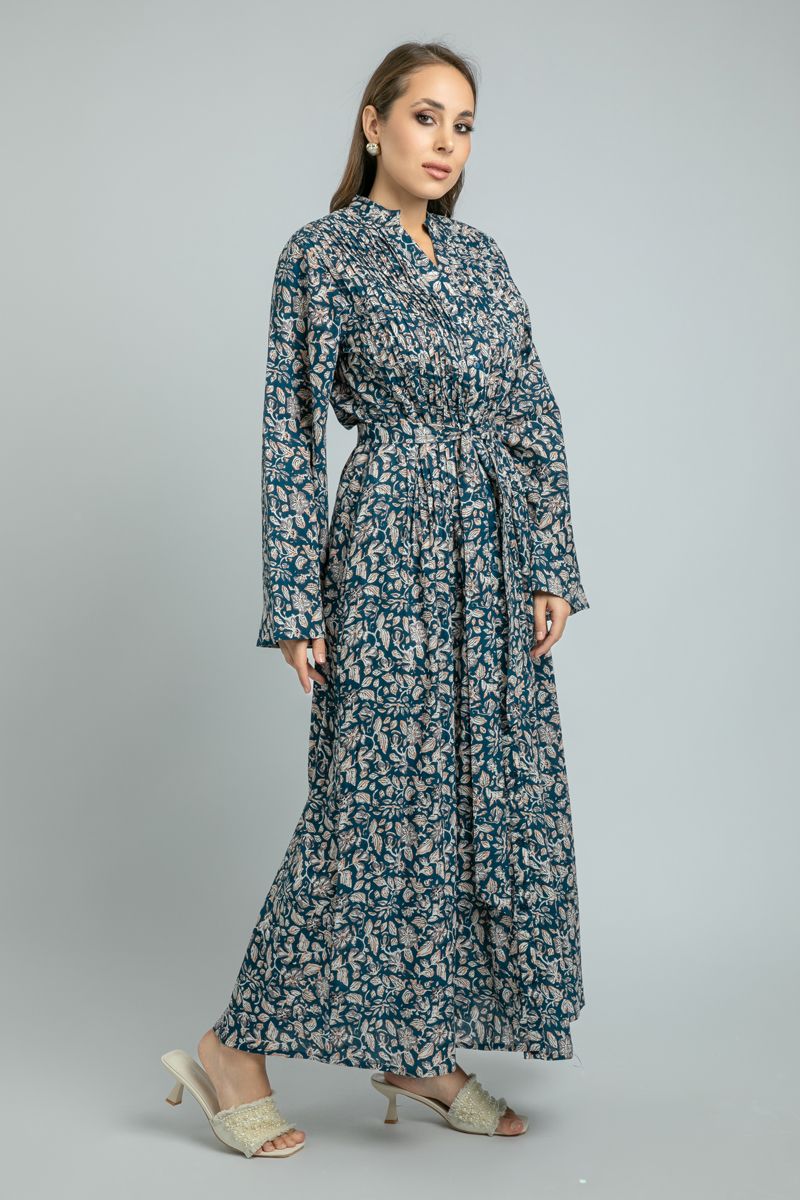 women Maxi Shirt Dress with Floral Print and Pleat Details
