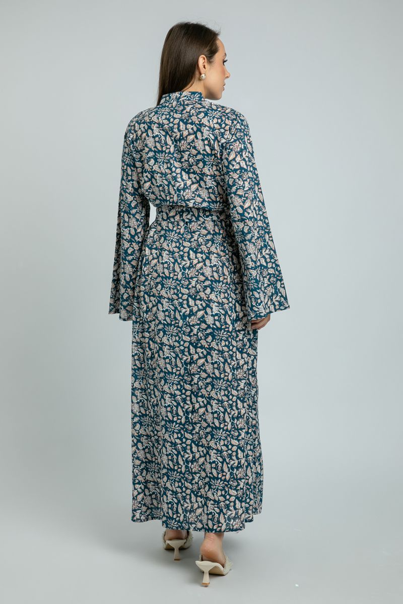 women Maxi Shirt Dress with Floral Print and Pleat Details