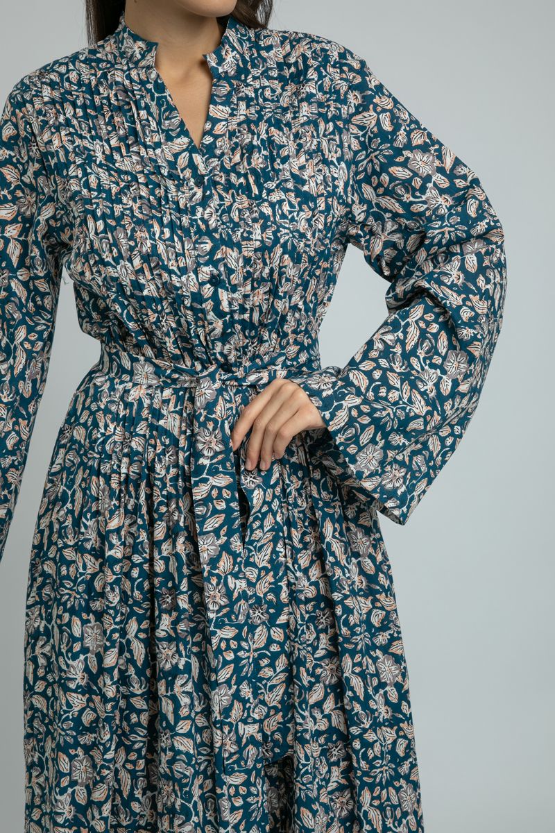 women Maxi Shirt Dress with Floral Print and Pleat Details