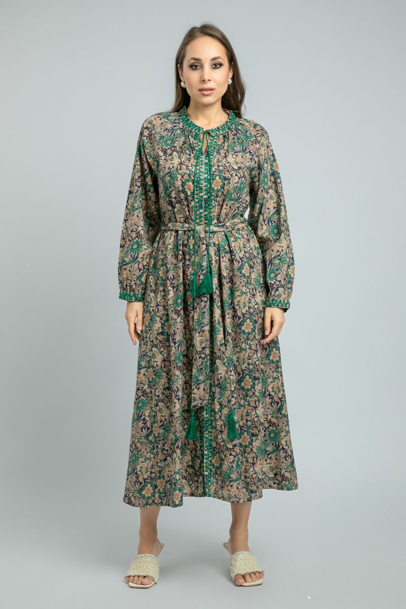 women Longline Dress with Floral Print and Embroidery