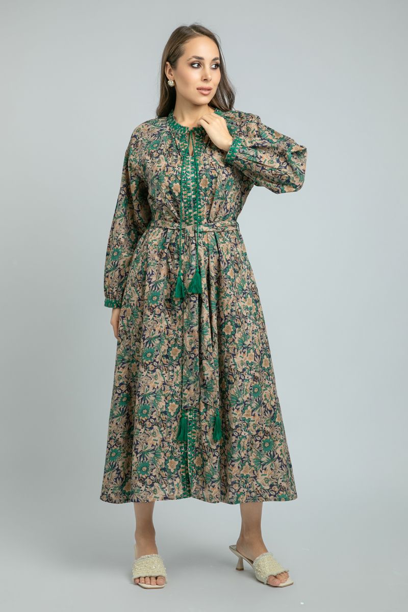 women Longline Dress with Floral Print and Embroidery