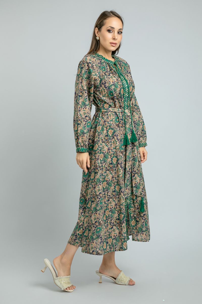 women Longline Dress with Floral Print and Embroidery