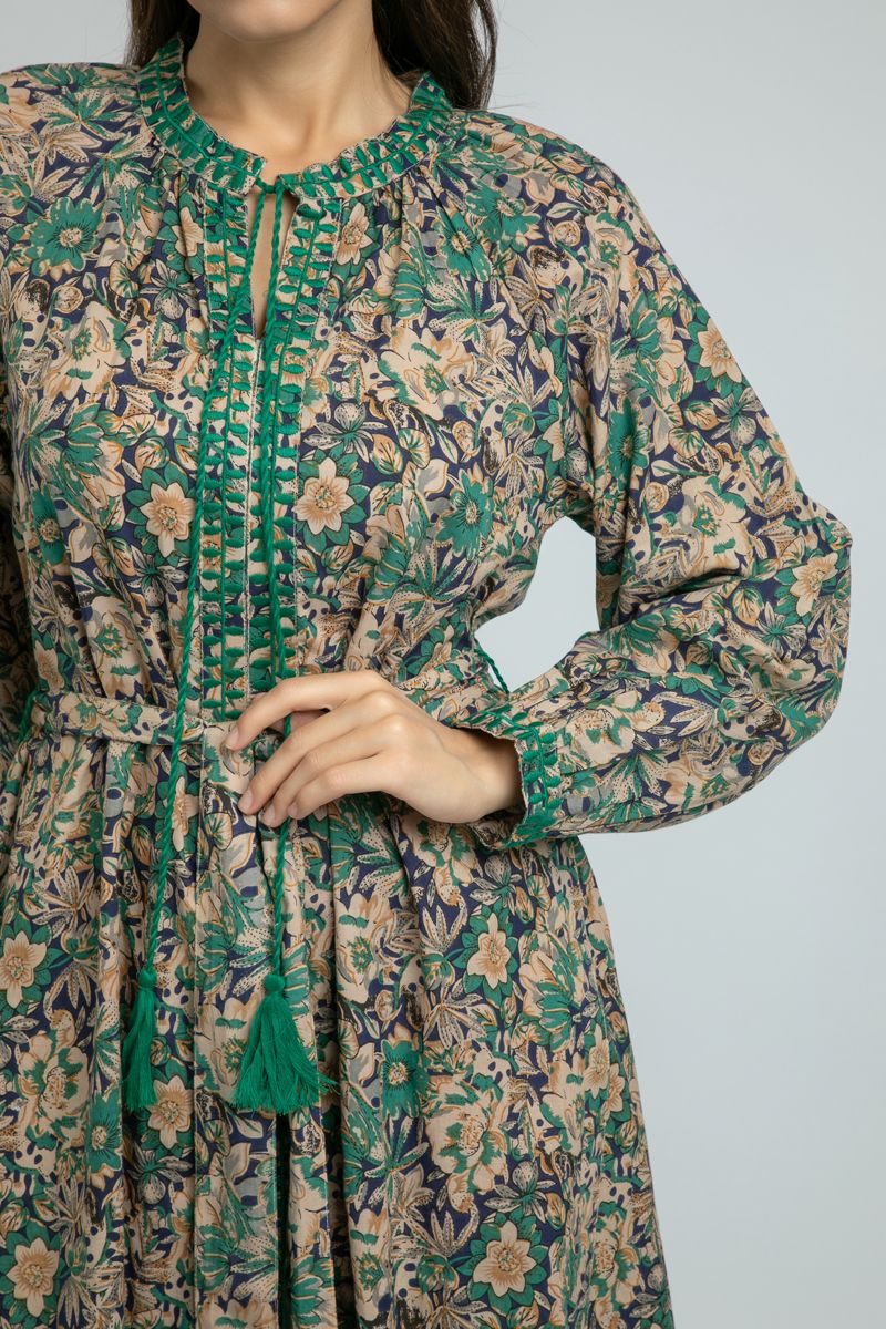 women Longline Dress with Floral Print and Embroidery