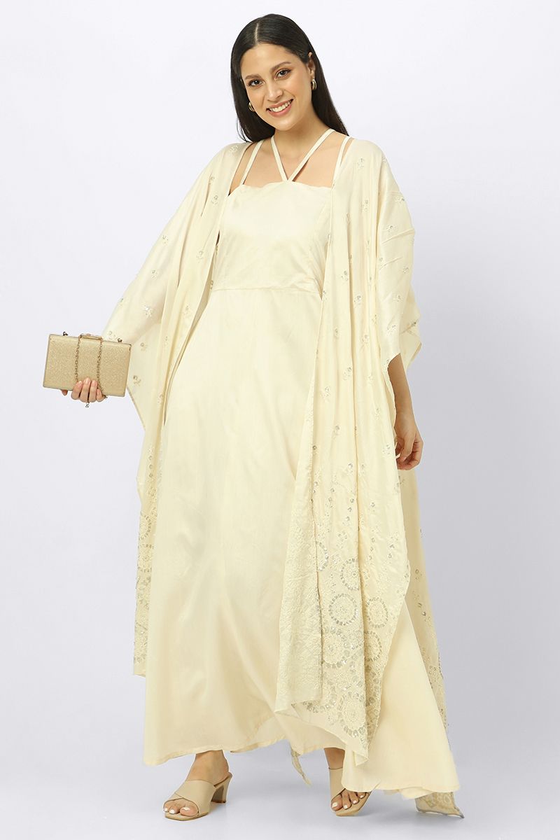 layered maxi women dress with embroidery and neck strap