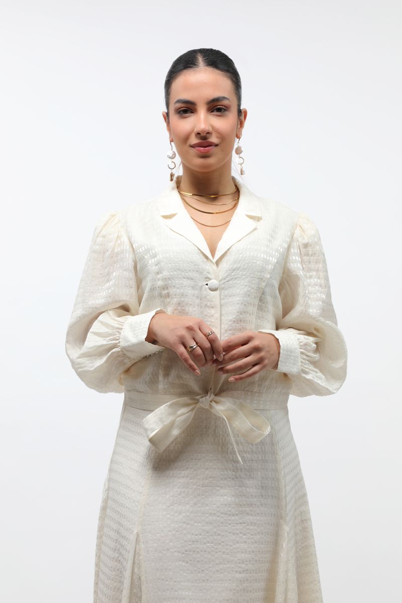 textured women shirt with puffed sleeves