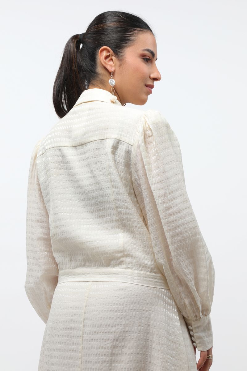 textured women shirt with puffed sleeves