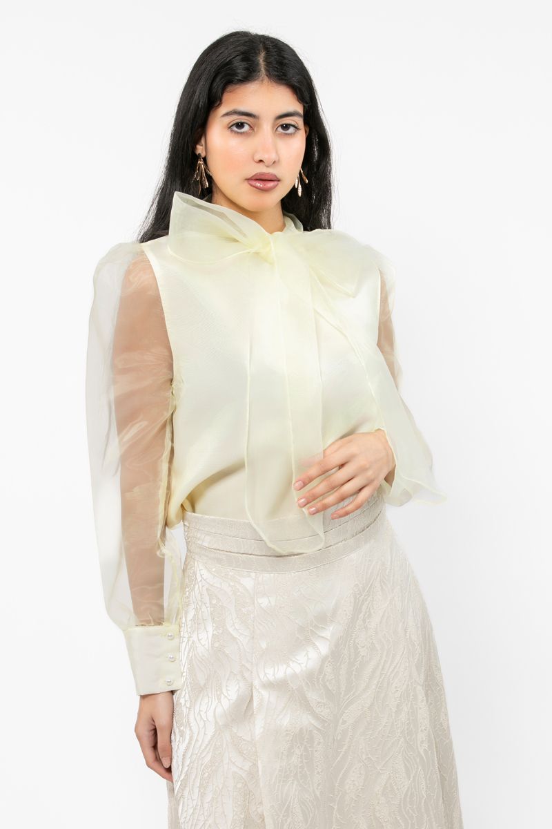 women top with puffed organza sleeves