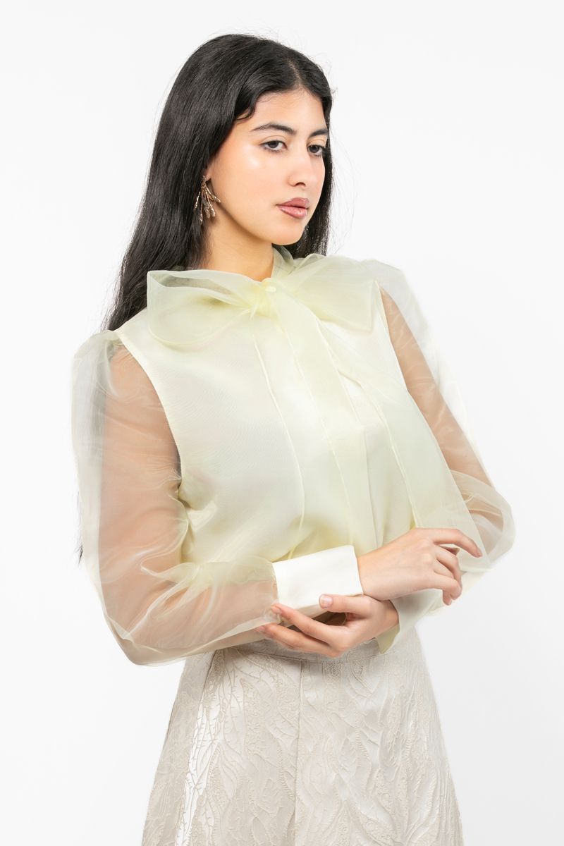 women top with puffed organza sleeves