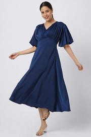 solid colored women dress with puffed sleeves