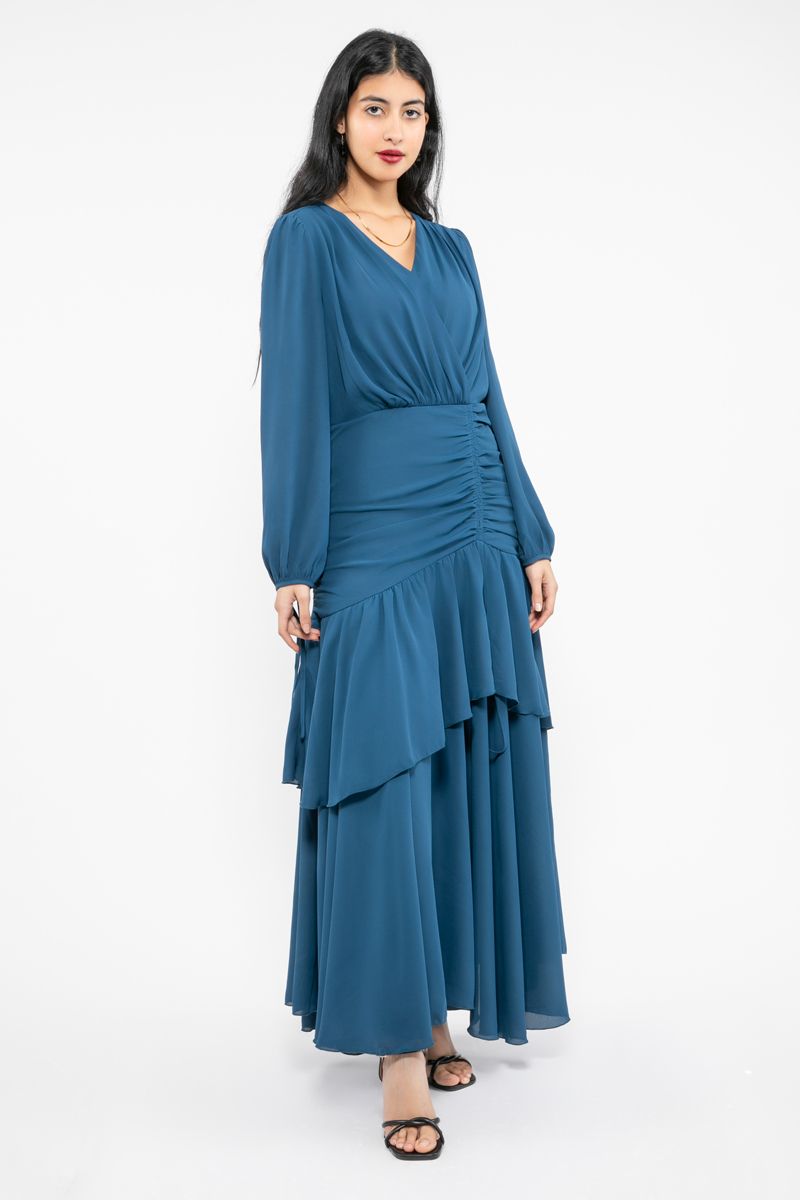 women maxi dress with ruffled layers