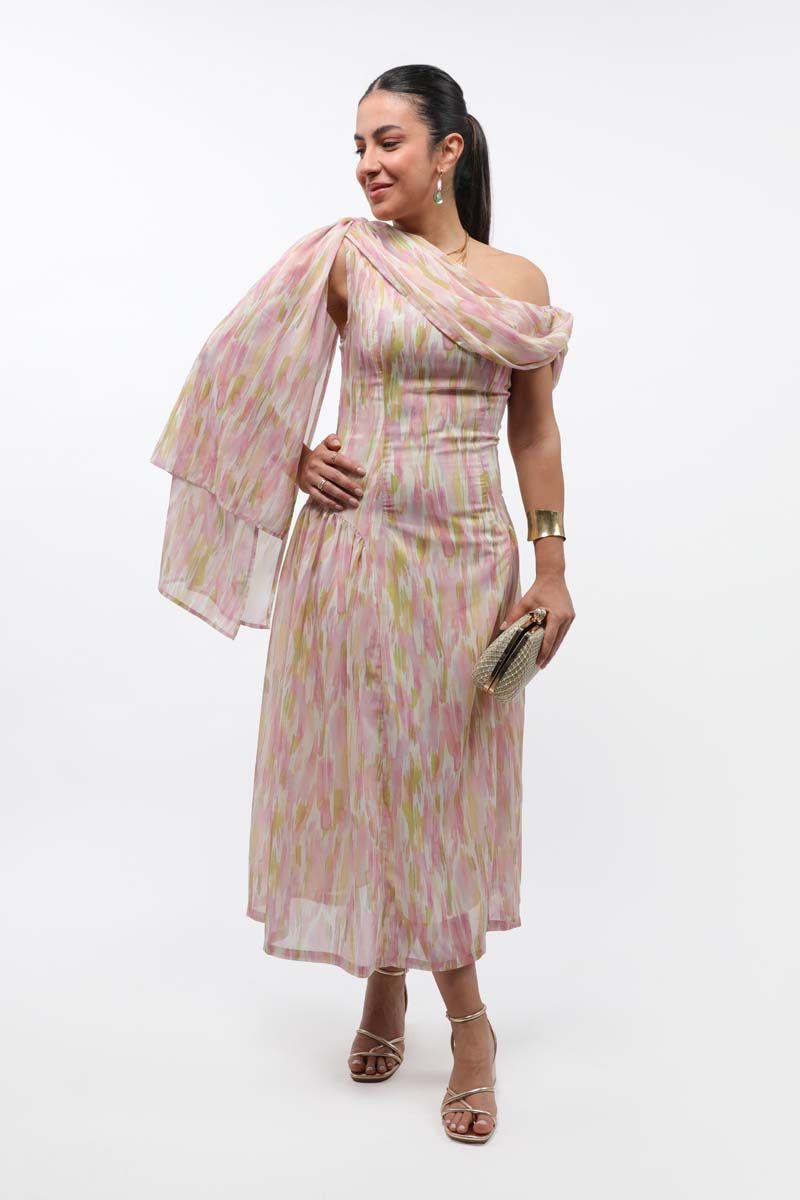 printed women dress with off shoulder style