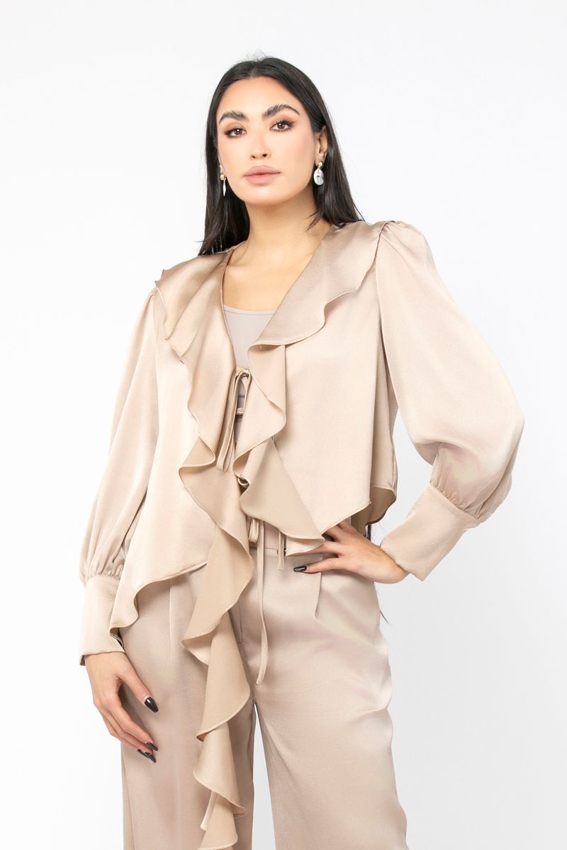 asymetric women satin shirt with ruffles