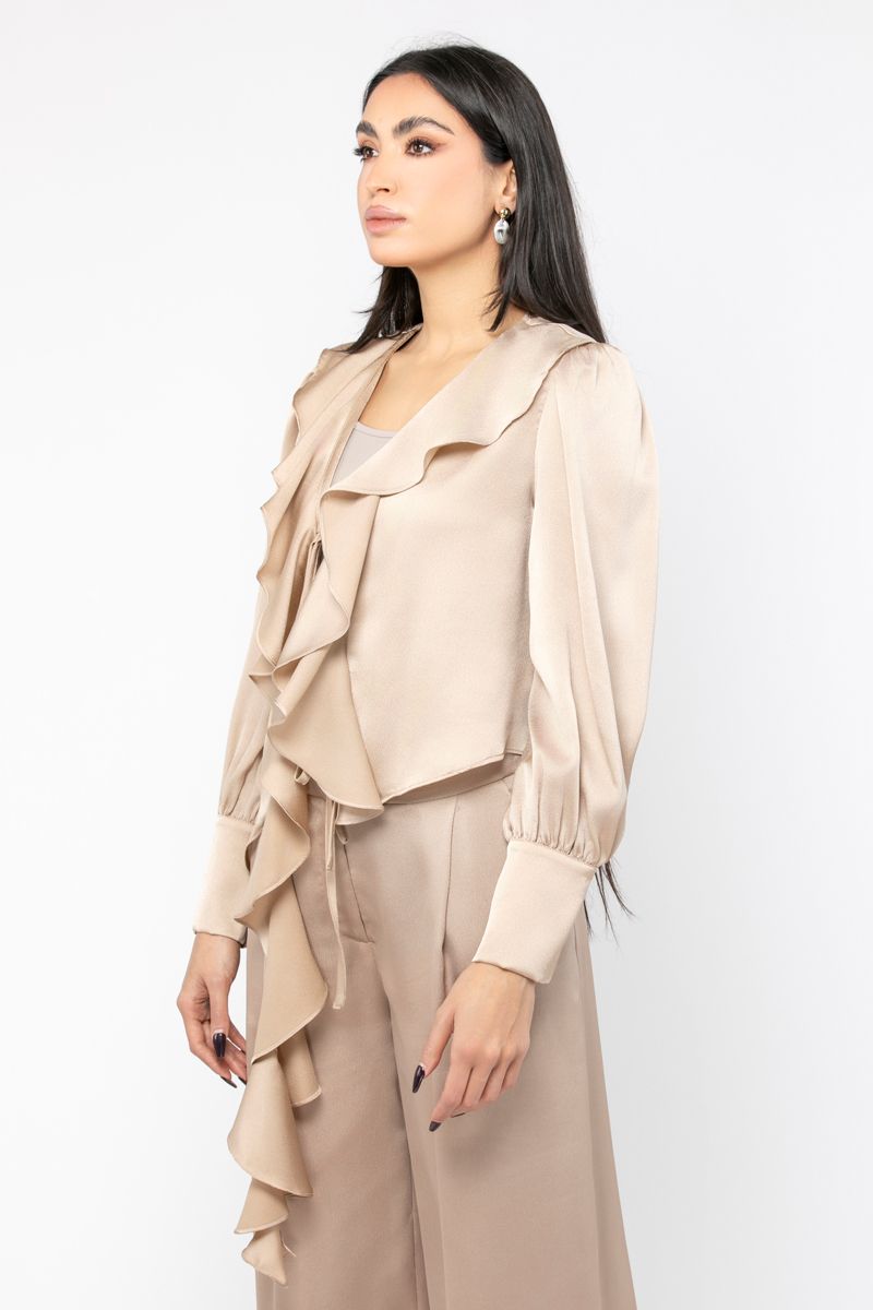 asymetric women satin shirt with ruffles