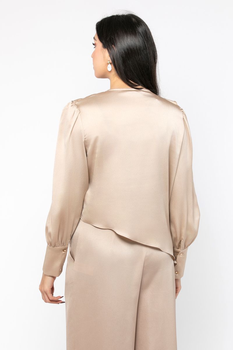 asymetric women satin shirt with ruffles