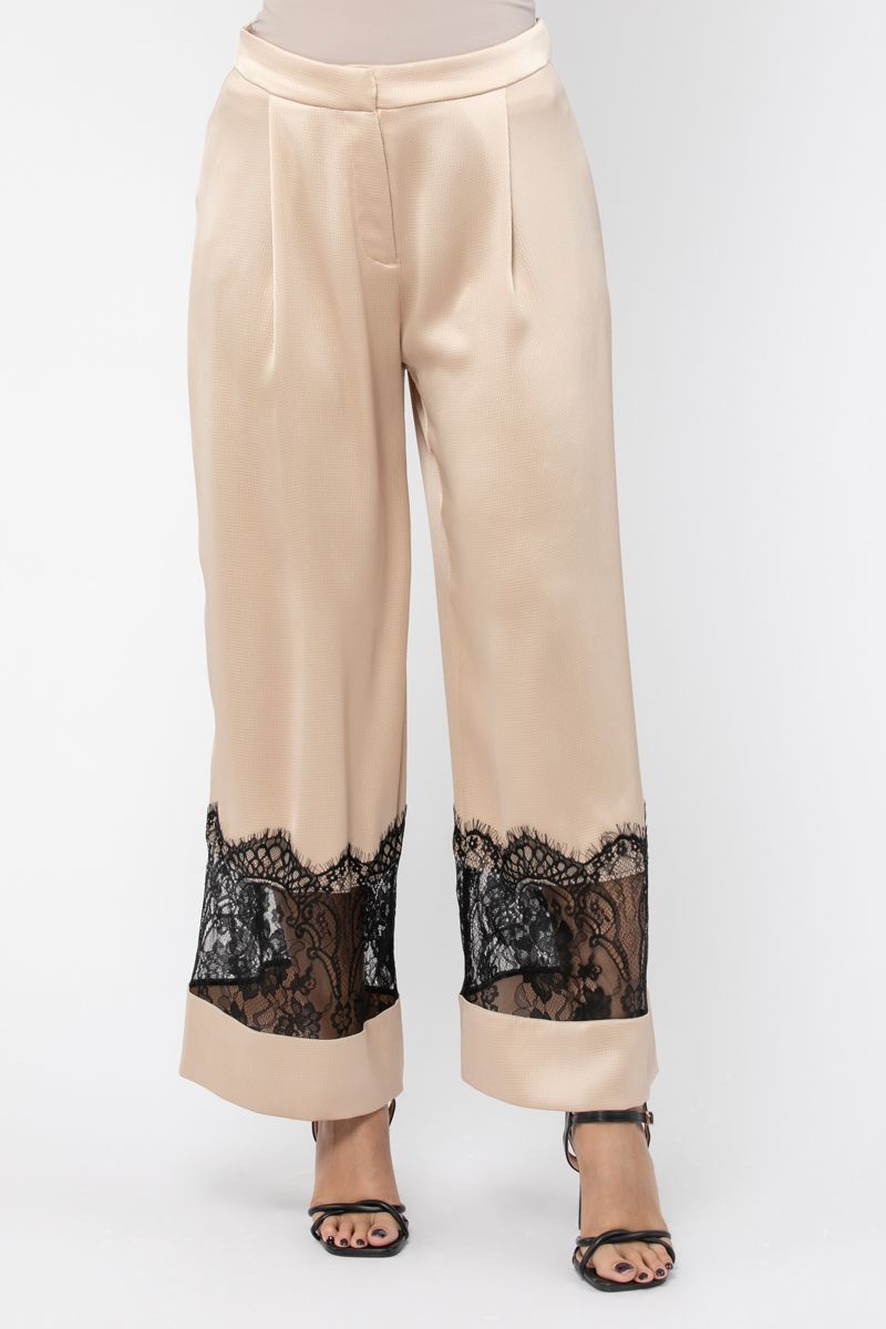 wide leg satin women pants with dantel details
