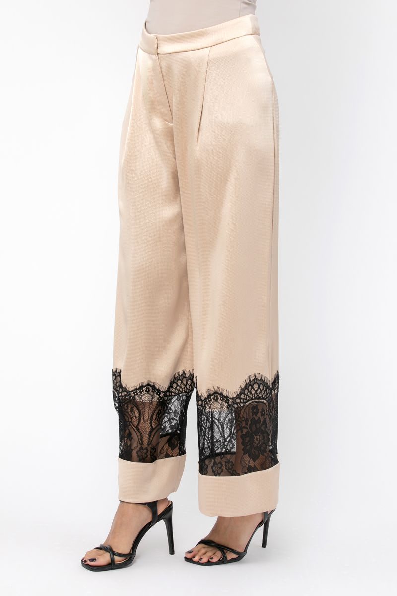 wide leg satin women pants with dantel details