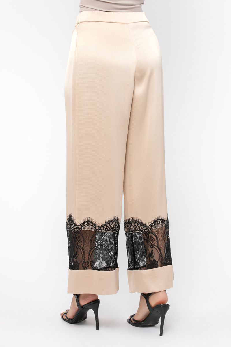 wide leg satin women pants with dantel details