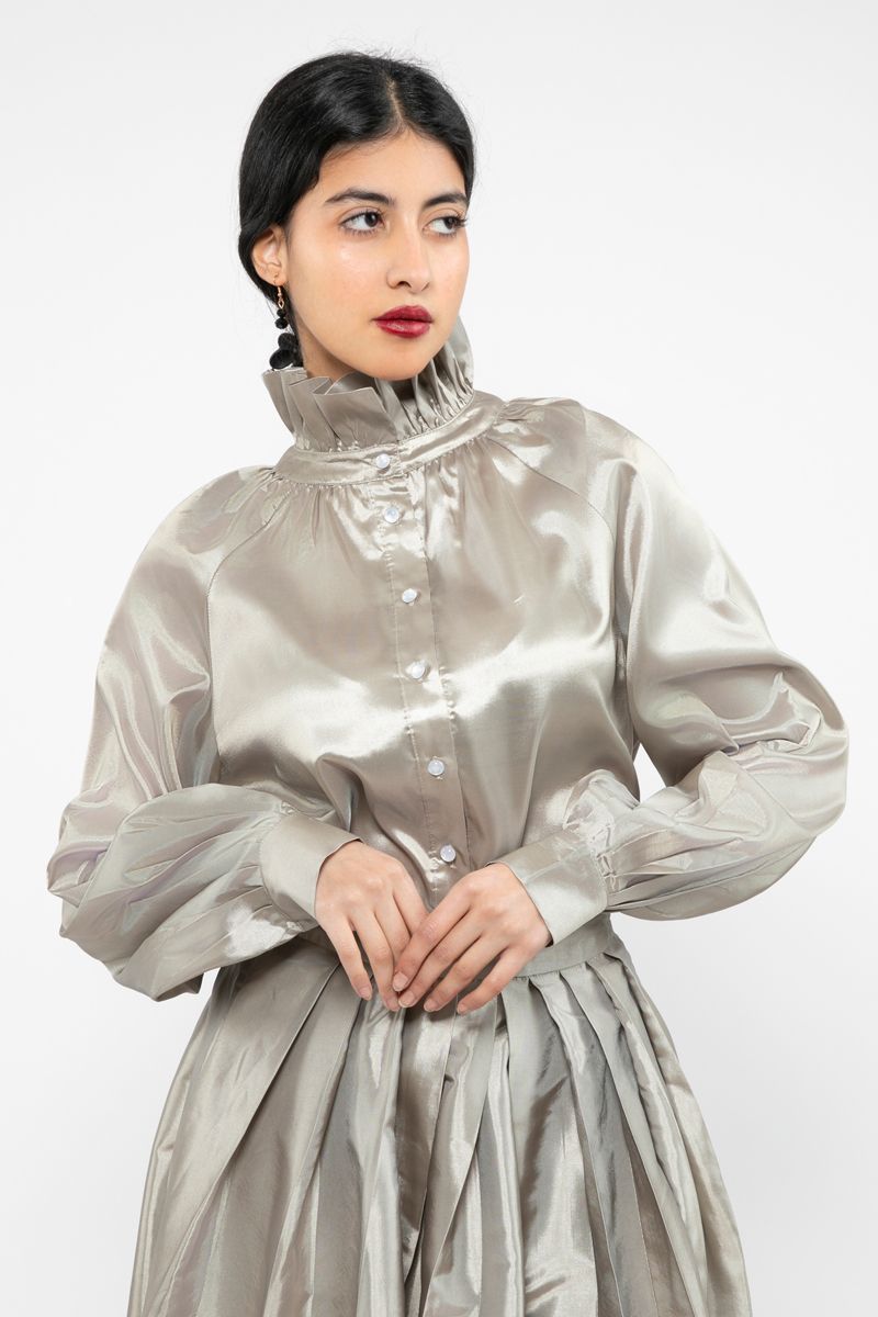 women satin shirt with ruffled high collar