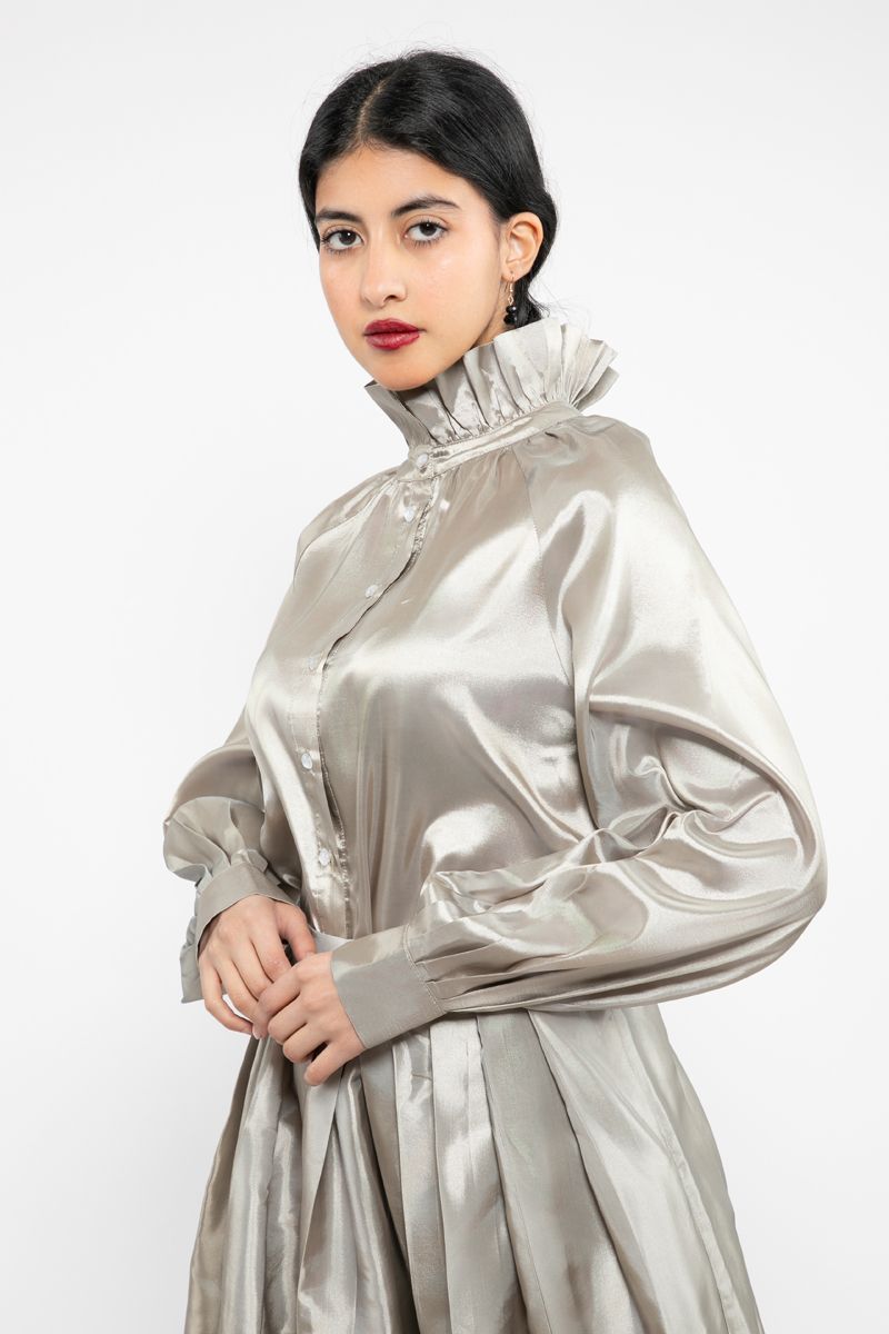 women satin shirt with ruffled high collar