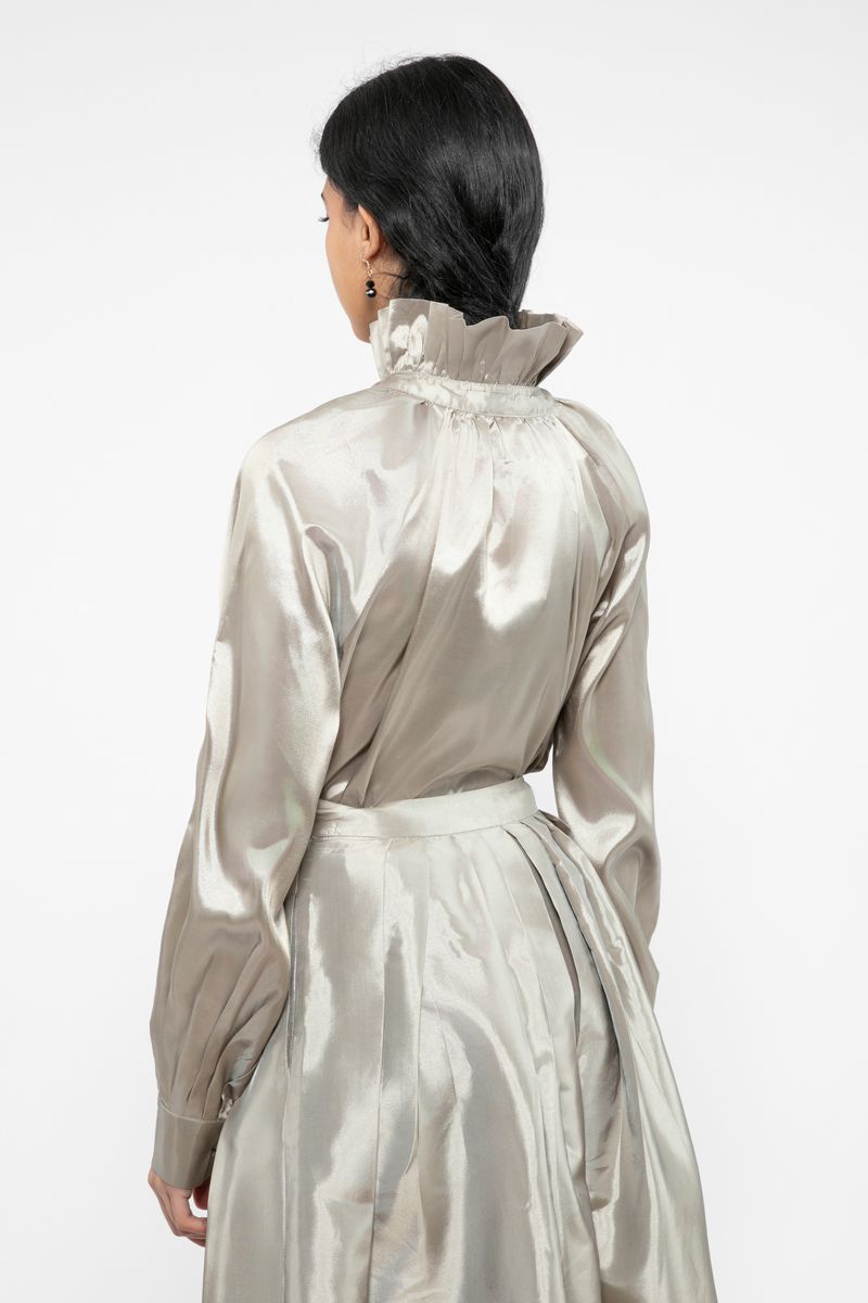 women satin shirt with ruffled high collar