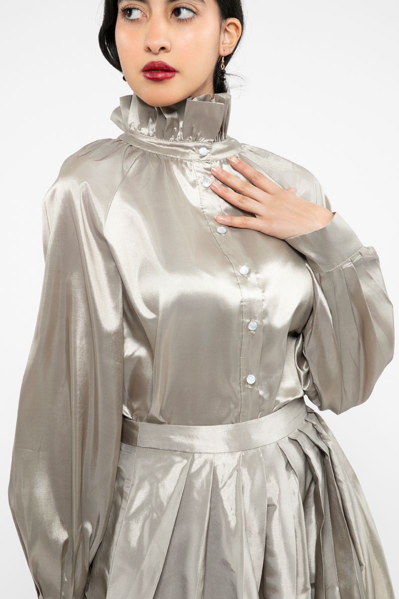women satin shirt with ruffled high collar