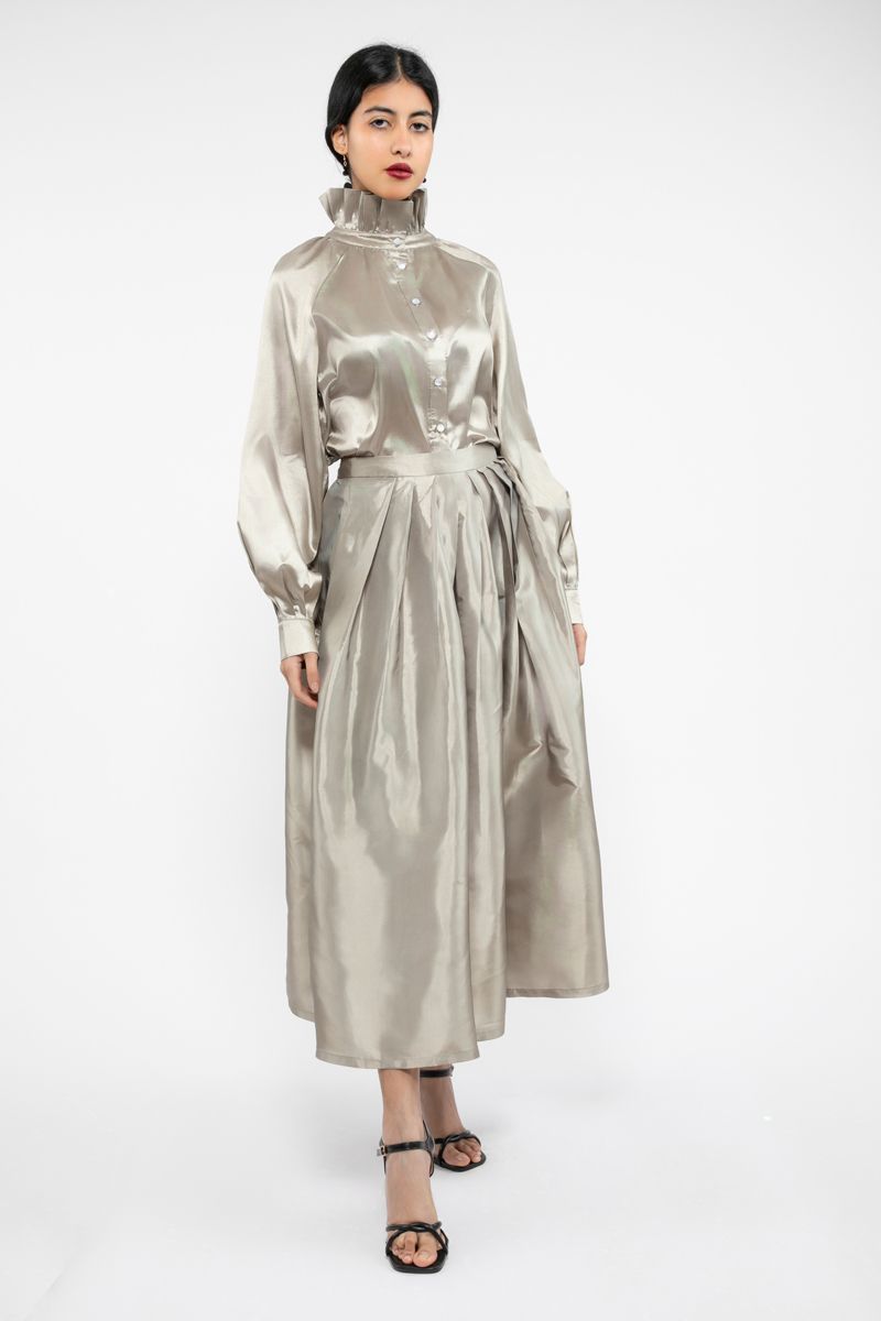 women satin shirt with ruffled high collar