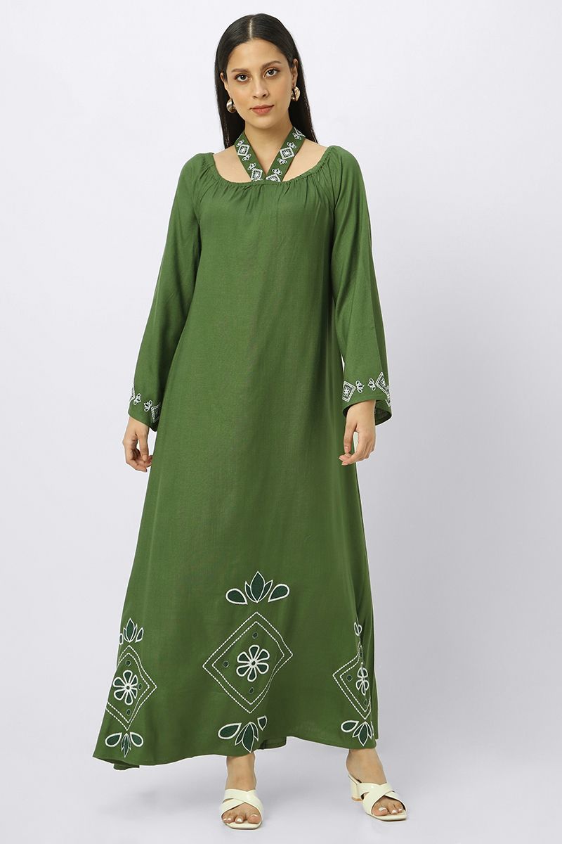 maxi women dress with embroidery and neck strap