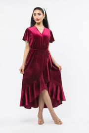 women velvet dress with ruffled layers