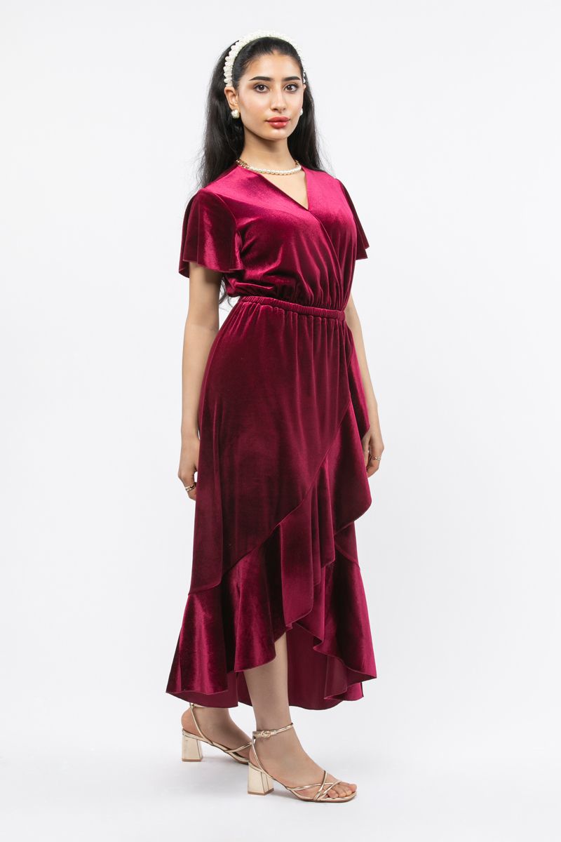 women velvet dress with ruffled layers