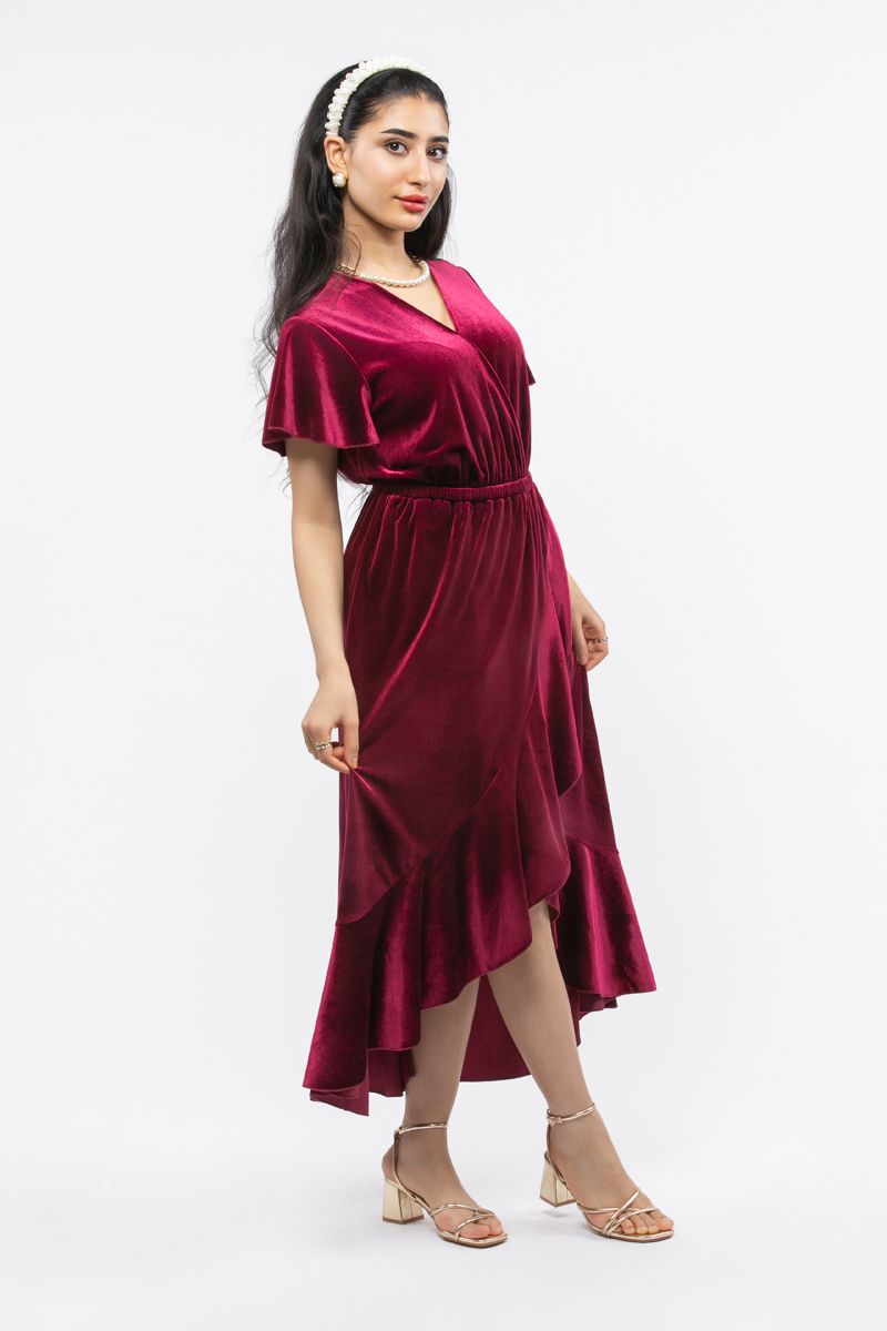 women velvet dress with ruffled layers
