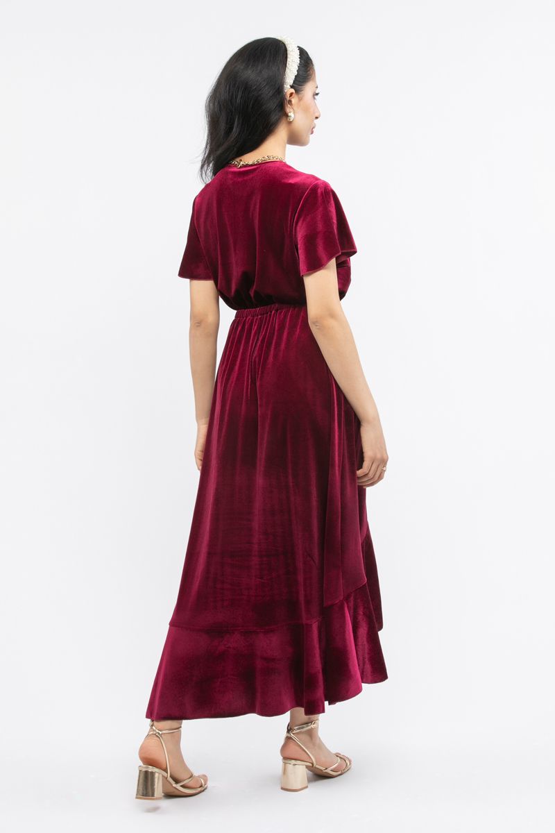 women velvet dress with ruffled layers