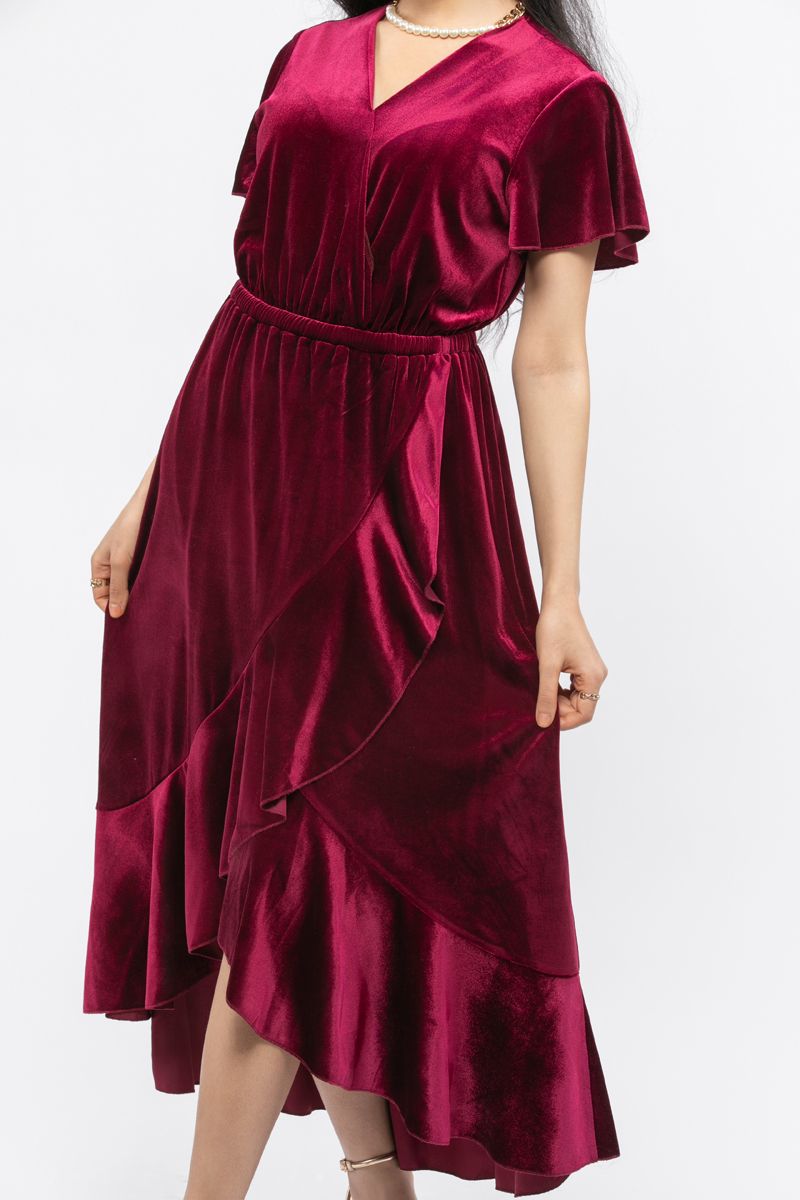 women velvet dress with ruffled layers