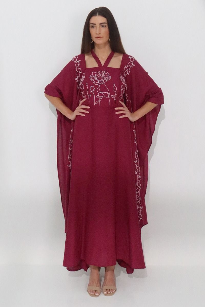 layered maxi women dress with embroidery and neck strap