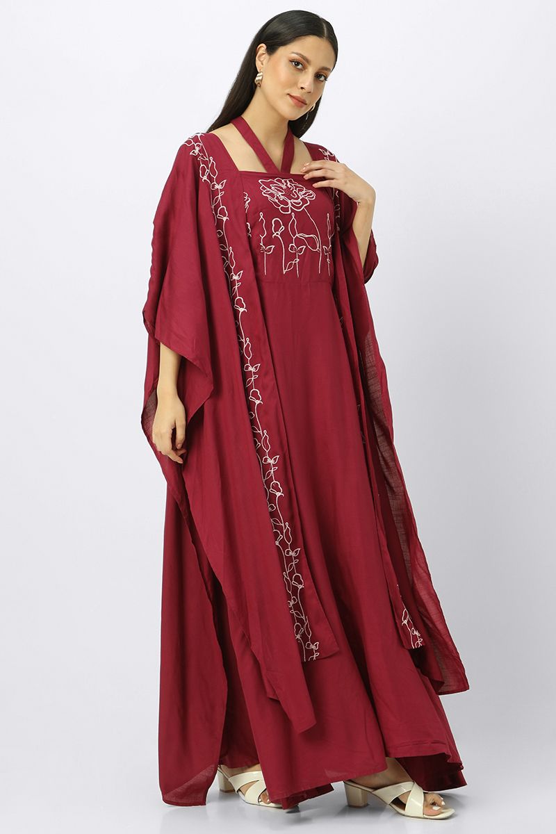 layered maxi women dress with embroidery and neck strap