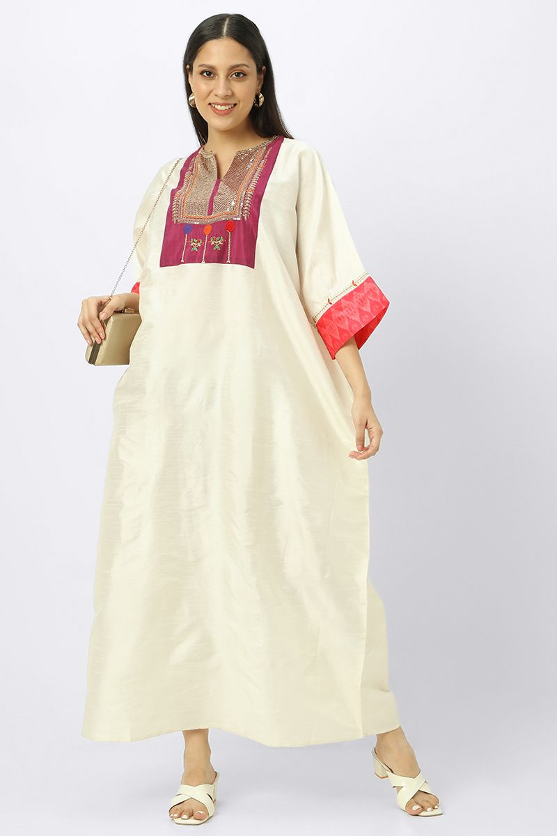 maxi women jalabiya dress with arabisque embroidery and prints
