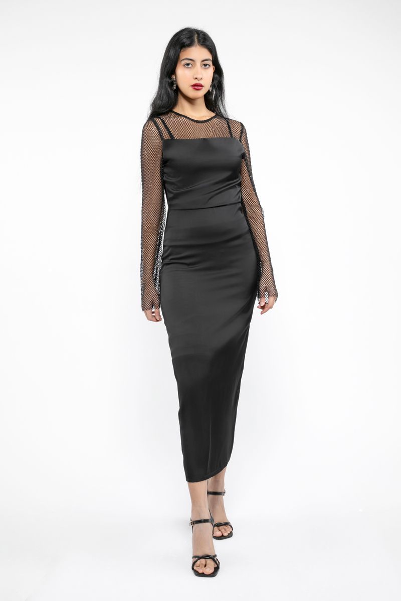 women satin dress with mesh fabric
