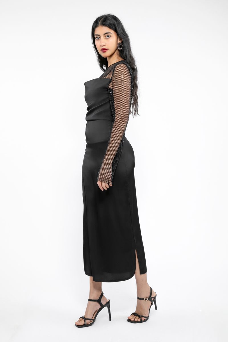 women satin dress with mesh fabric